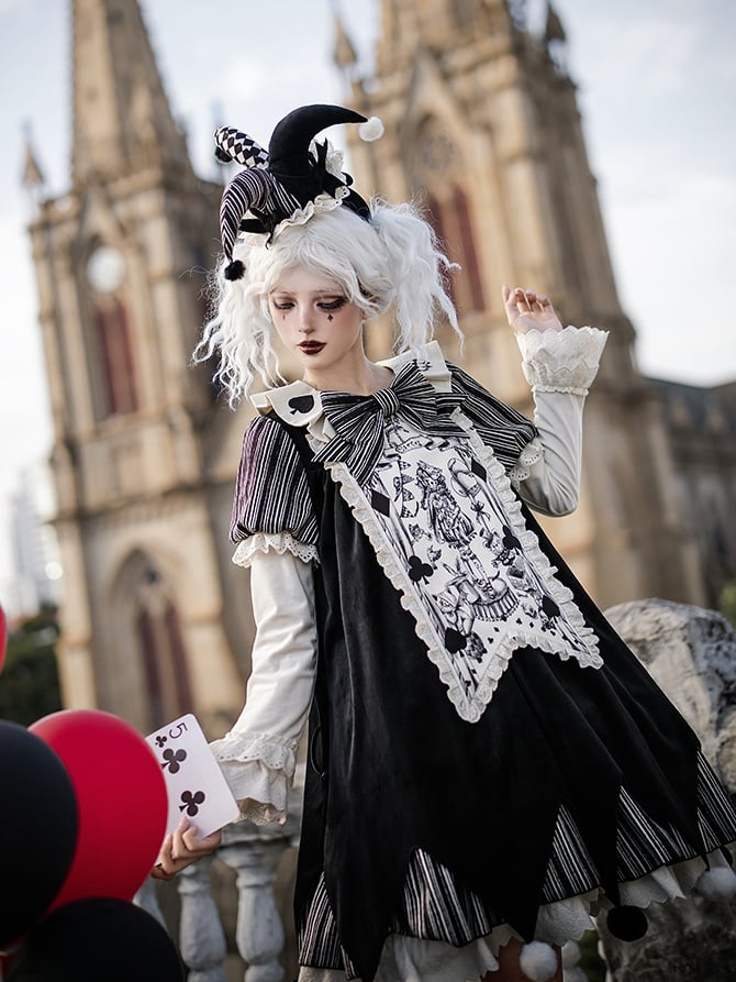 Lolita Panel OP Juliette + Belt Clowncore Stripes Bow Waist Dress Black - Sleeves KC Printed Detachable Set