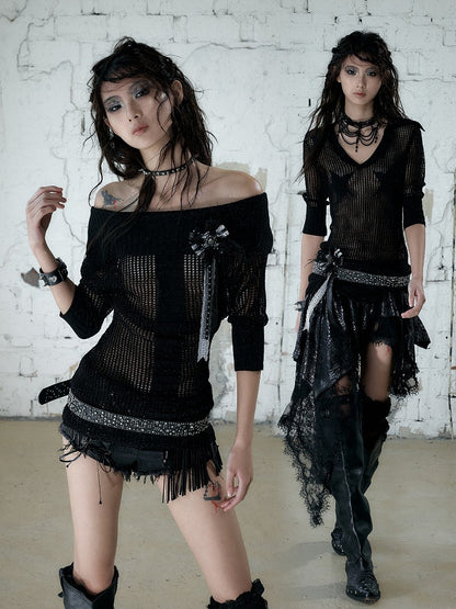 Black Star Pattern V-Neck Knit Top Hollow Out Punk - NO ROMANCE