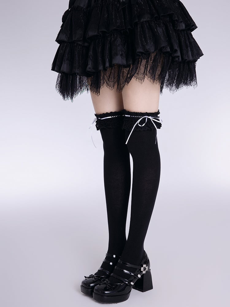 Lace Trim Lolita Ribbon Black with White Stockings Bow