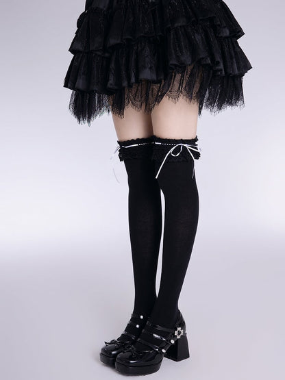 Lace Trim Lolita Ribbon Black with White Stockings Bow