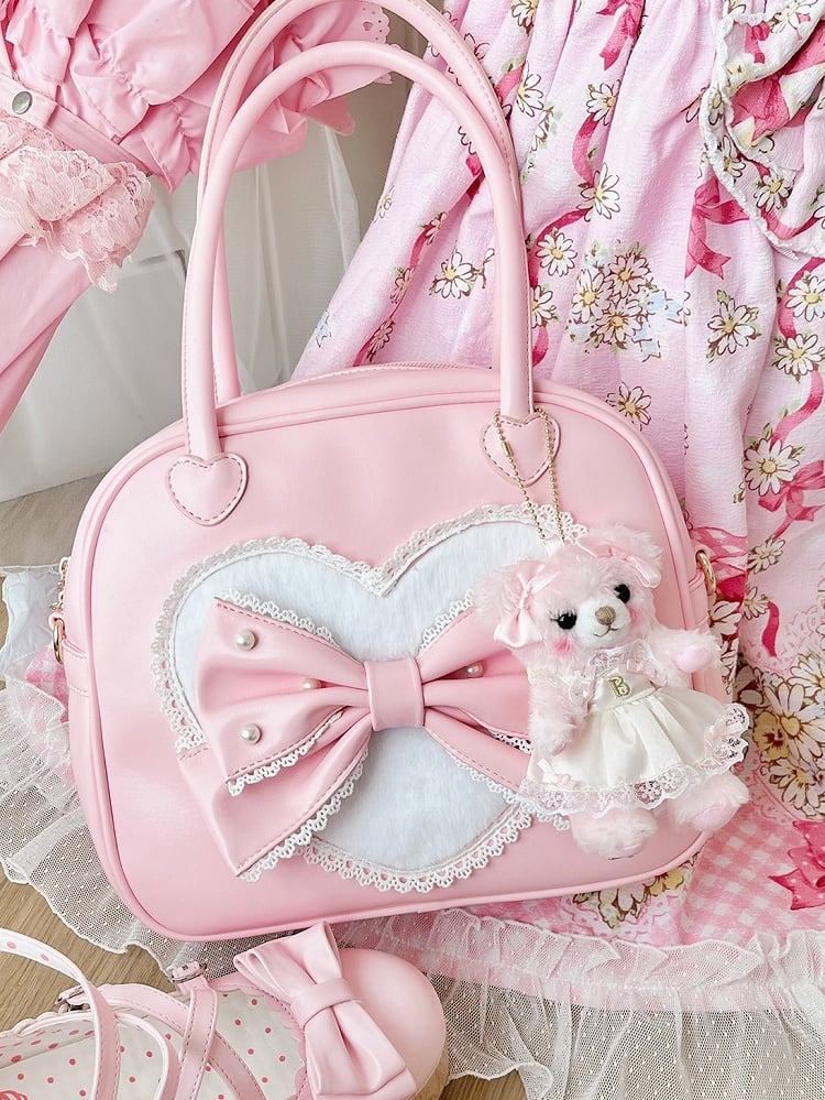 Perlenverzierte Schleife Plüschhandtasche Rosa Süßes Lolita-Herz