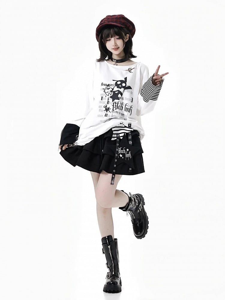 Distressed Zipper Print with Holes White Top and Long Cuffs Sleeve Rock