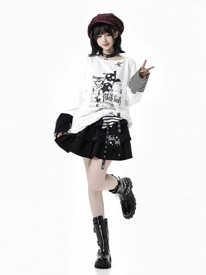 Distressed Zipper Print with Holes White Top and Long Cuffs Sleeve Rock