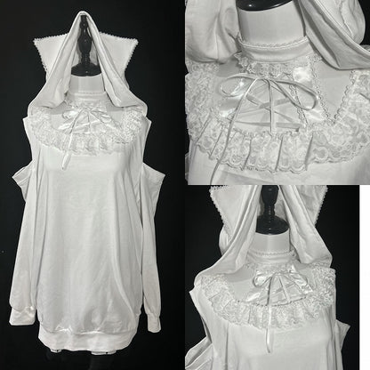 Cat-Ear Shoulder Halter with White Black Cutouts and Tie / Hoodie Jirai Kei