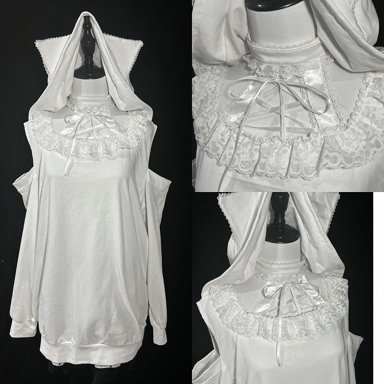Cat-Ear Shoulder Halter with White Black Cutouts and Tie / Hoodie Jirai Kei