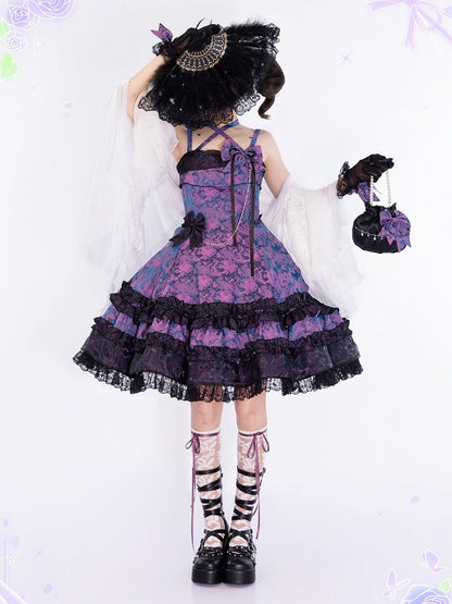 Purple & Black Bowknot Pearl Chain Halter JSK Dress