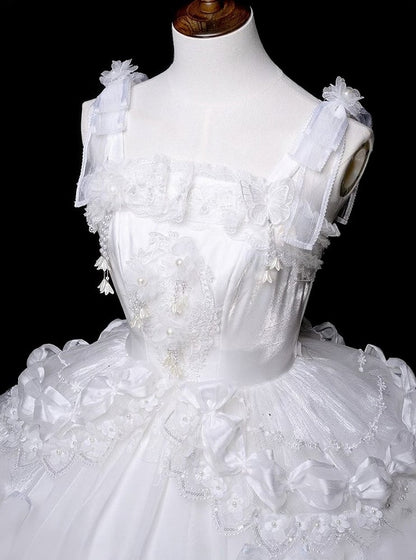 Bead Valley Dress of Lily Bow Embroidered White Sweet with Accents and Lace the Lolita