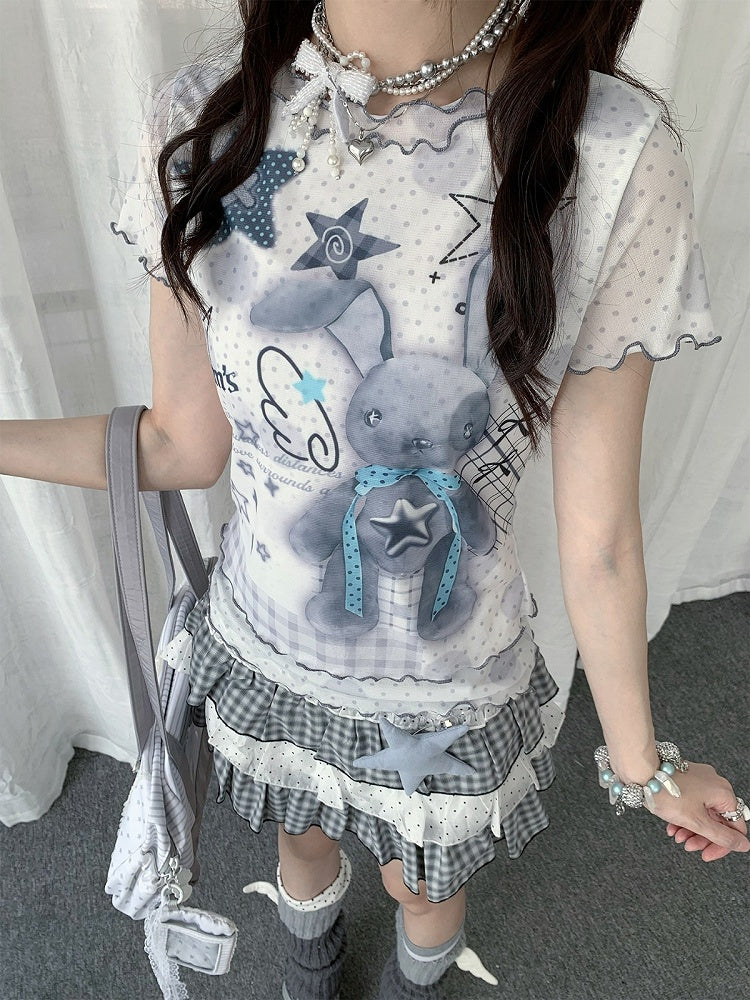 White Short Sleeve Ruffle Sheer T-Shirt with Polka Dot Rabbit - Solkatt