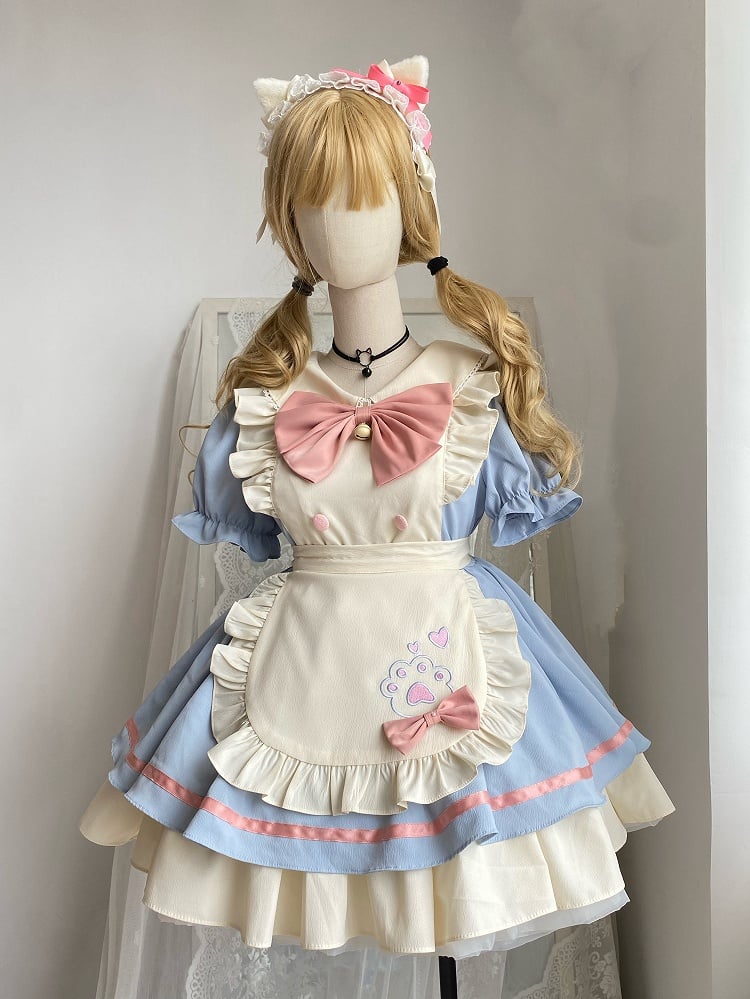 Pink Lolita Apron Blue Dress Embroidery Sweet Kitty Paw and Maid