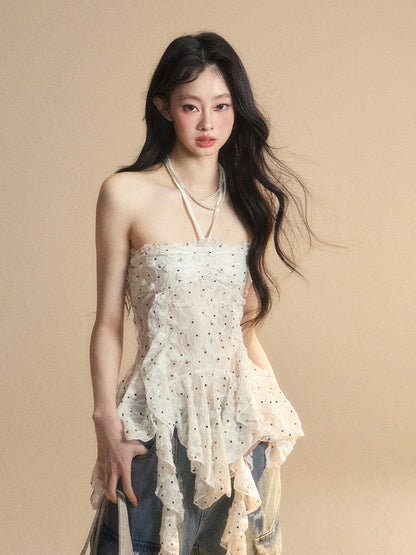 Volant Saum Weiß Glamourös Neckholder Polka Dot Top Muster Asymmetrische Trägerlosen