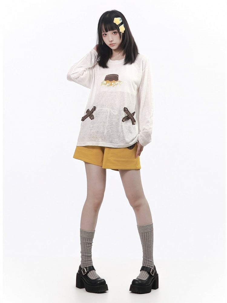 Airy White Pudding Graphic Long Sleeve Blouse with Plaid Strip Accents - PINK SAVIOR