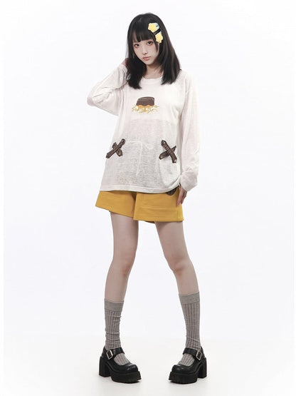 Airy White Pudding Graphic Long Sleeve Blouse with Plaid Strip Accents - PINK SAVIOR