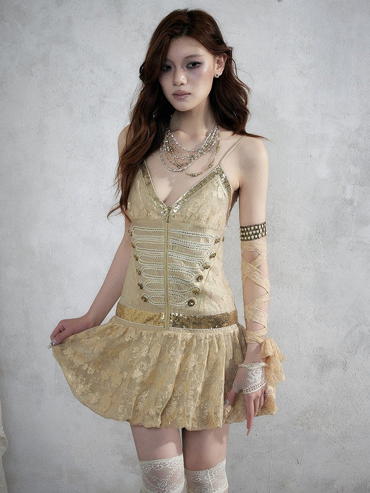Golden Jacquard Cami Dress with Sequin Accents - NO ROMANCE