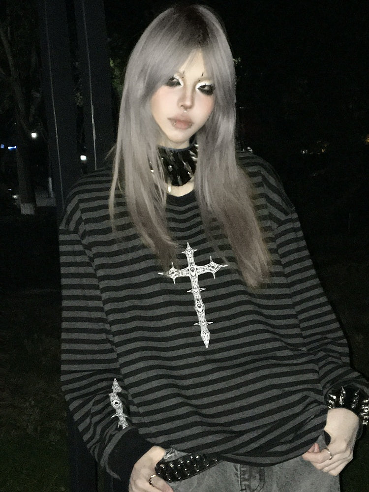 Sweatshirt with Gothic Black Print Gray Striped Cross