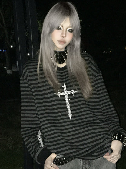 Sweatshirt with Gothic Black Print Gray Striped Cross