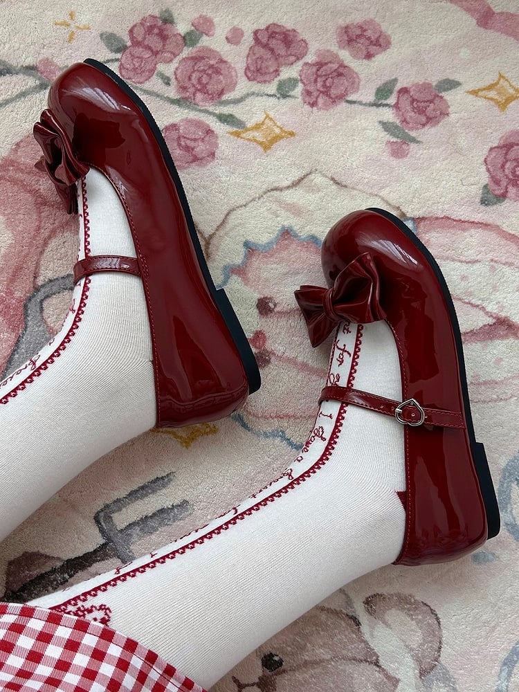 Mary PU Heart Shoes Buckle with Detachable Wine Low-heel Red Bow Jane and