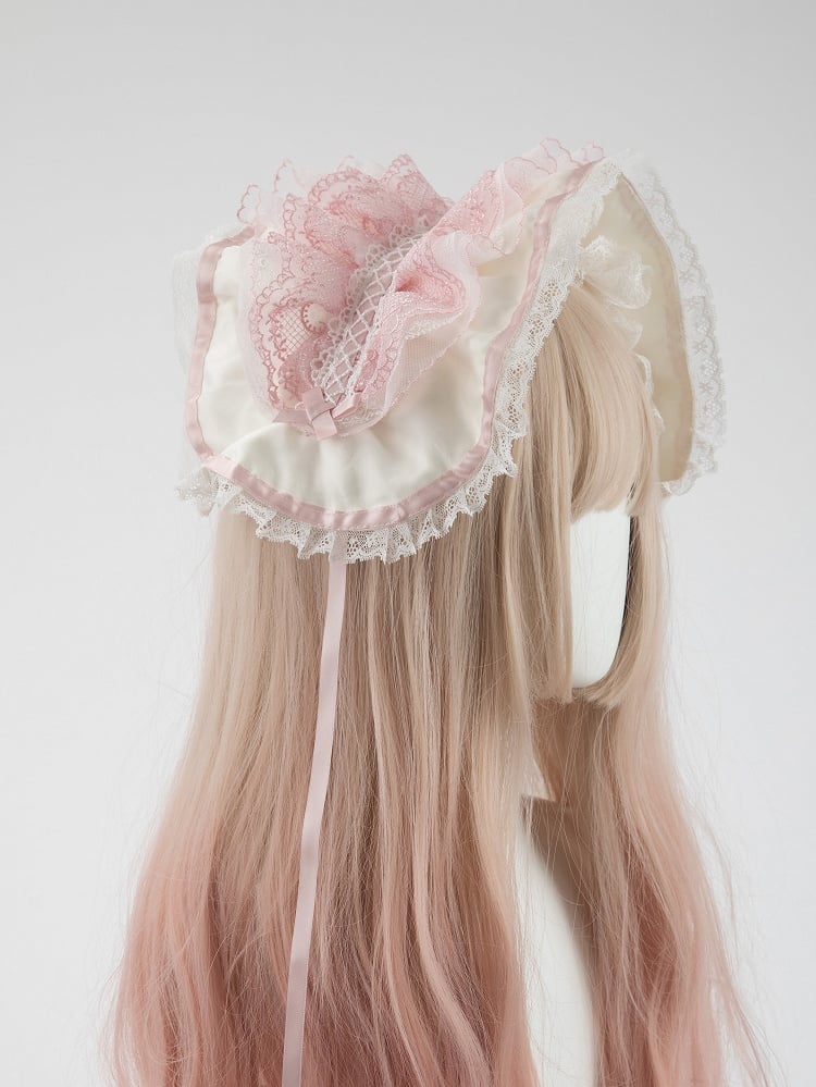 Pastel Wide Pink with Removable Lace Ruffled Ears Bunny Hairband Bows
