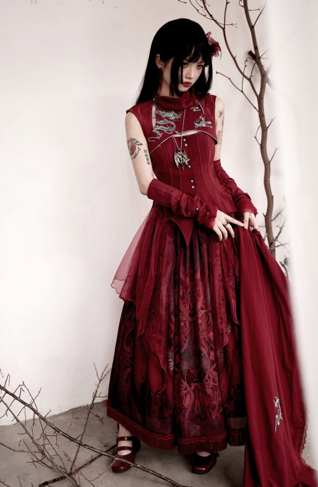 Red Gothic Dragon Embroidery Sleeveless Top Cutout Detail