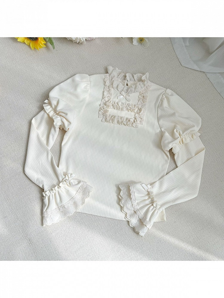 Beige Puff Sleeve Lolita Knit Top with Lace Trim Detail - With PUJI
