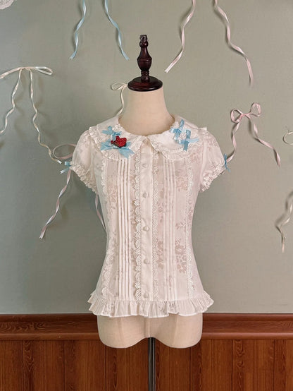 Collar Peter Blouse Decorated Pan Blue Puff Bows Sleeves White