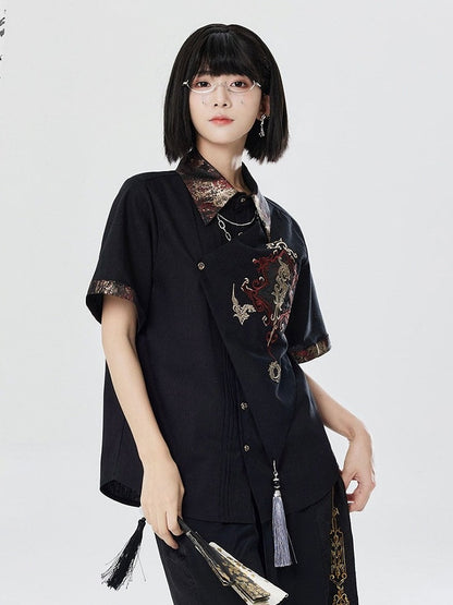 Embroidered Dragon Short Sleeve Shirt - Qing Tang Original