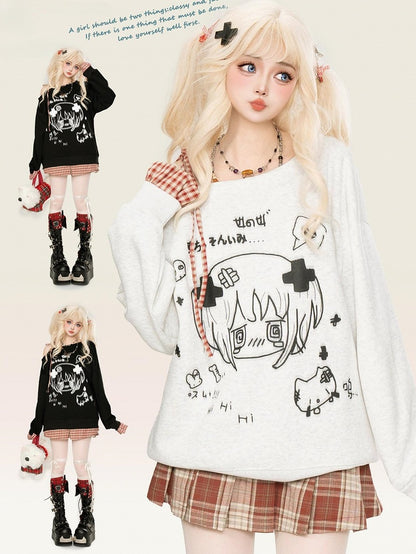 Black/White Asymmetrical Neckline Yami Kawaii Top Plaid Cuffs