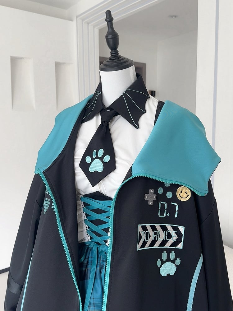 フード付きテックウェア ブラックフューチャリスティックジャケット ブルー＆サイバーパンク