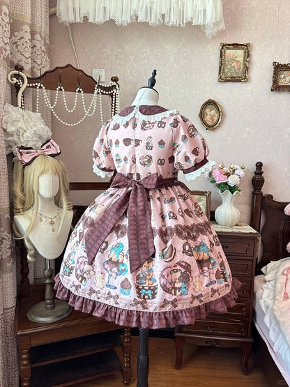 Piece Pink Lolita Dress One Vintage Teddy Bear Print Sweet Light