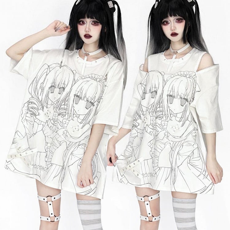 Girl Short-Sleeve Gray Cutout Top Landmine Shoulder White Printed Style