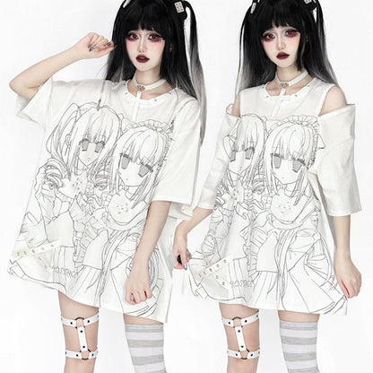 Girl Short-Sleeve Gray Cutout Top Landmine Shoulder White Printed Style