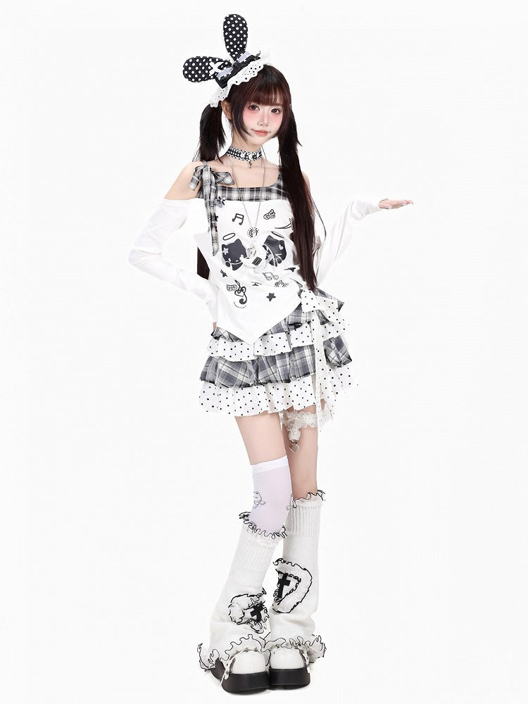 Ivory Asymmetric Tartan Cutout Top with Celestial Kitten Print - CRAZY GIRL