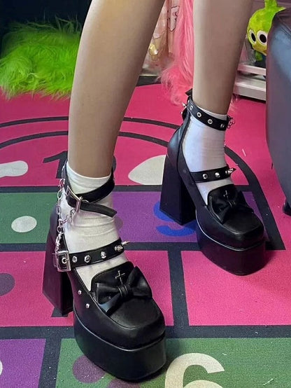 Matte Black Gothic Platform High Block Heels with Removable Ankle Strap, Snap Closure & Bow Accents