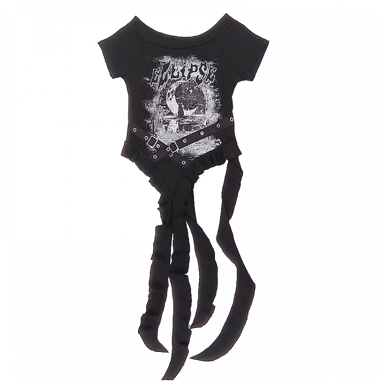 Y2K Blau/Schwarzes Criss-Cross-Design Kaskadierende Rüschenakzente Mond-T-Shirt-Druck