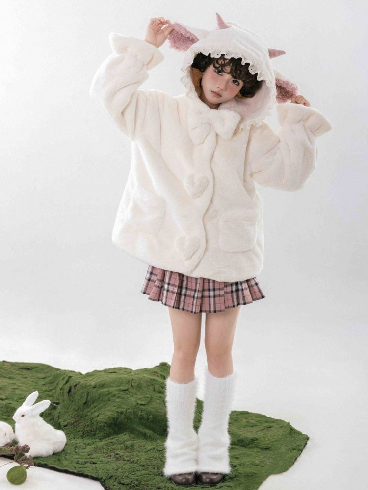 白いキュートなラムの耳付きフード付き冬用着心地の良いプラッシュコート