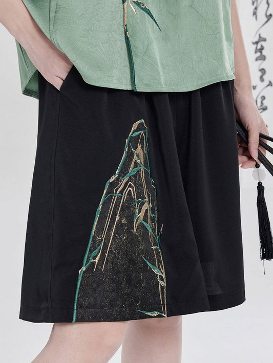 Chinese Embroidery Patchwork Black Short Pants - Qing Tang Original