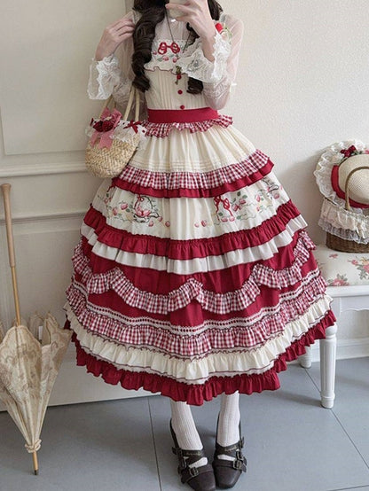 White Strawberry Dress Embroidery Red Ruffles Layered Sweet with Lolita