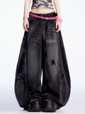 Schwarze Jeans mit Vintage-Taille und Distressed-Löchern und weitem Bein