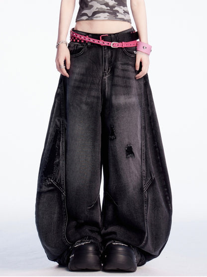 ヴィンテージウエスト、ダメージ加工、穴あきブラック、ローカット、ワイドレッグジーンズ