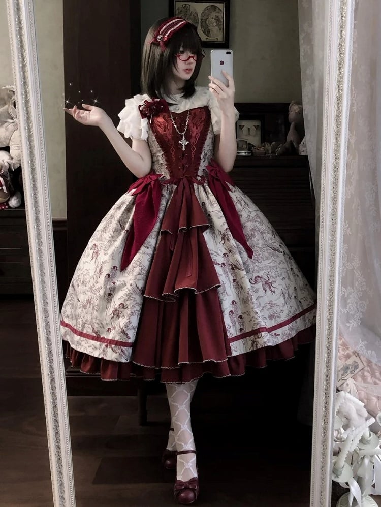 Animals and Bodice Elegant Forest with Corset Print Lolita Dress Red
