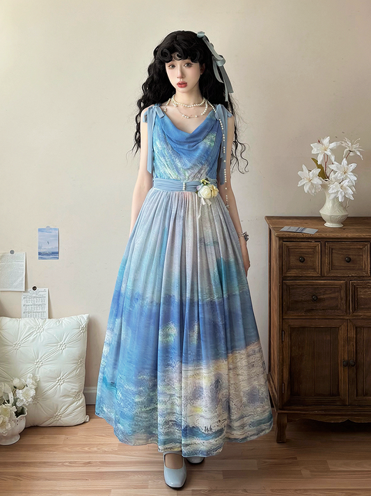 Blue Ocean Oil Painting Print Elegant Lolita Maxi Dress with Cowl Neckline and Tie Straps