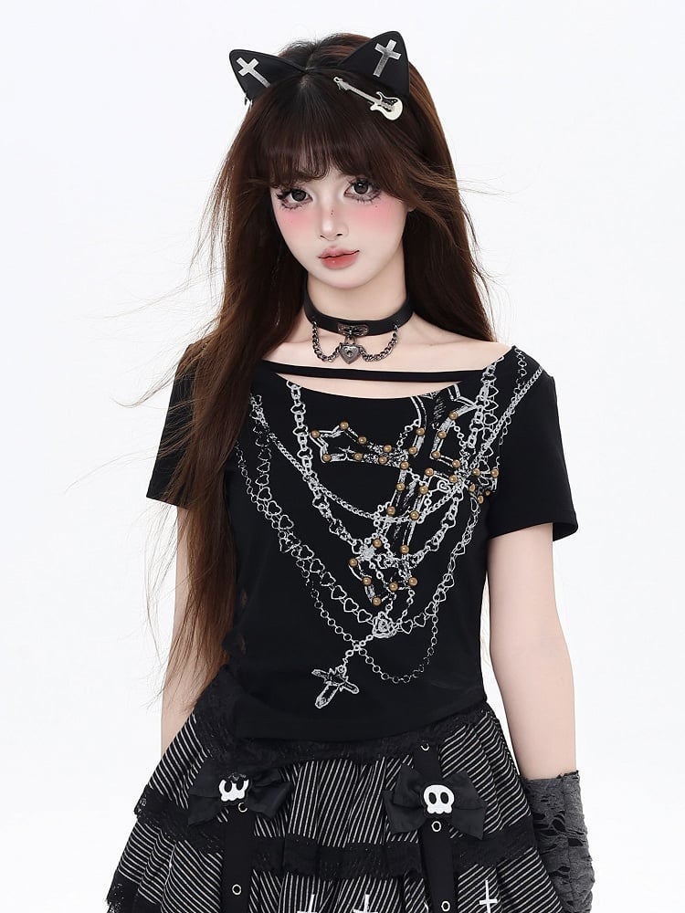 クロスチェーンプリントのグラマラスなブラックのバックレスTシャツ