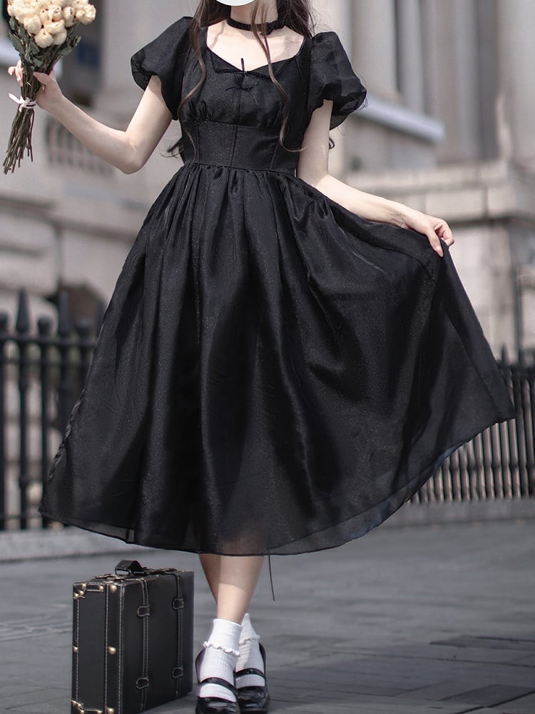 Kleid mit Stäbchen, Puffärmeln, hoher Taille, elegant, schwarze Ärmel