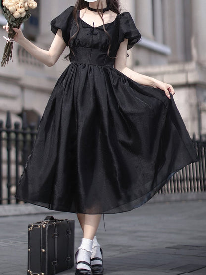Kleid mit Stäbchen, Puffärmeln, hoher Taille, elegant, schwarze Ärmel