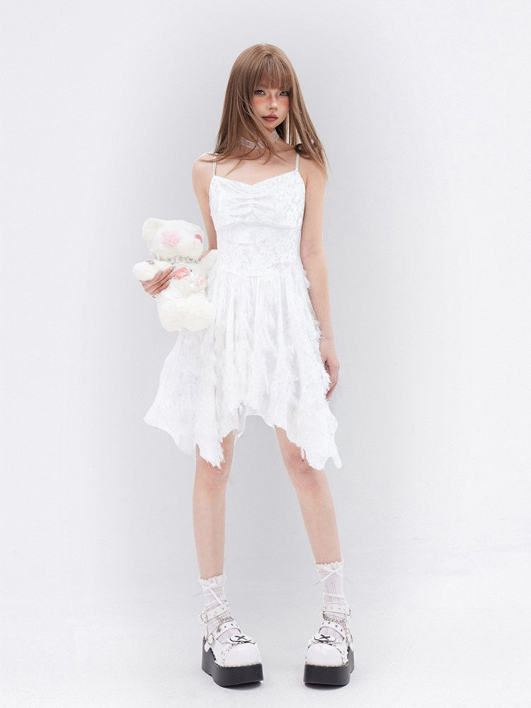White Fringe Handkerchief Hem Cami Dress