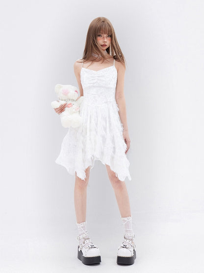 White Fringe Handkerchief Hem Cami Dress