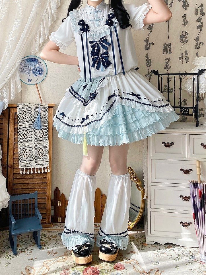 and White Banded Lolita Han Accents Blue Flower Collar Bow Dress with Puff Sleeves