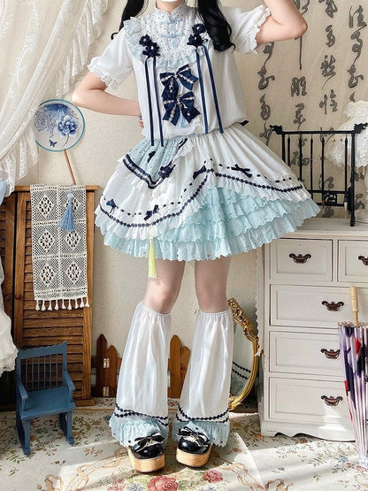 and White Banded Lolita Han Accents Blue Flower Collar Bow Dress with Puff Sleeves