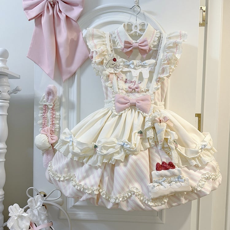 Adorable Cake Beige Stripe + Pink with Train Detachable Decor and Sleeves Apron Skirt Puppy Bow Dress Brooch Bubble OP Lolita