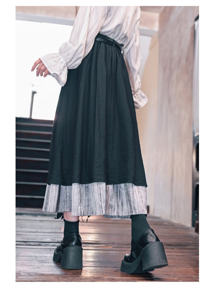 Cascading Hem Cheongsam Black Ruched with Ruffles Skirt Gothic Contrast