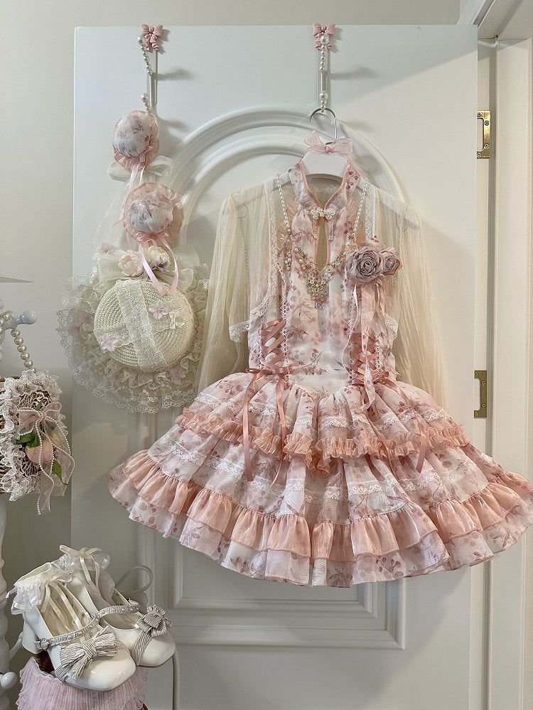 Qipao-Style Floral Halter Details Pattern with Lace Pink Dress Button Lolita Sweet Neck